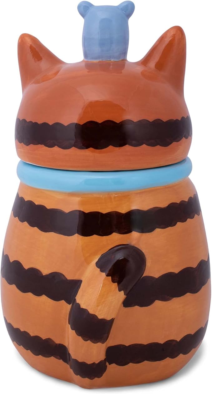 Dolomite Ceramic 10 x 6.3 Everyday Cookie & Candy Jar with Airtight Lid: Perfect for Kitchen Canisters, Pet Treat Containers & Decorative Storage, Orange Tabby Striped Cat and Mouse