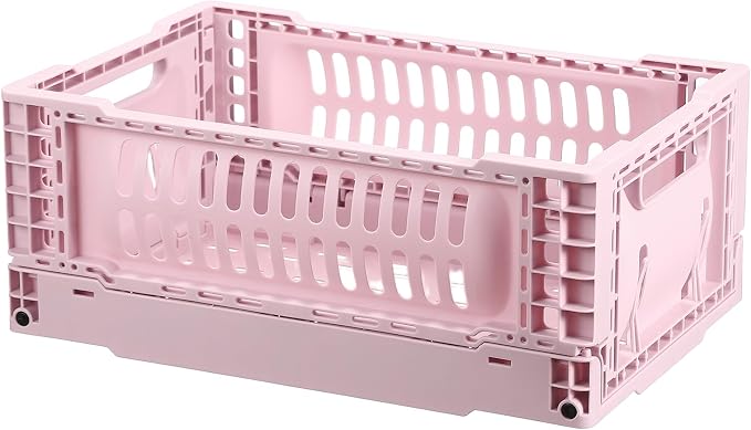 uxcell Collapsible Crates, 11.7x7.8x4.7 Stackable Plastic Storage Baskets with Handle Small Storage Containers for Bedroom Office Classroom Bathroom Desktop Organizer Decor, Pink