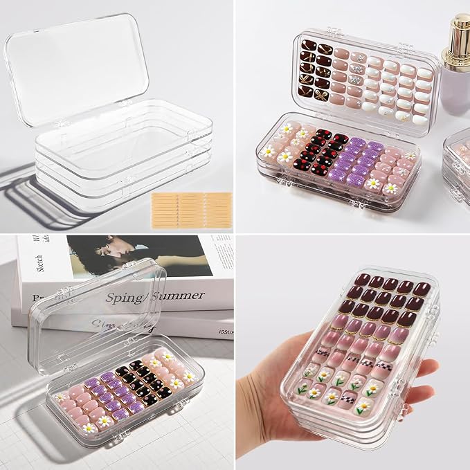 Tri-Fold Press on Nail Storage Box, Clear Organizer with Adhesive Tape | 4-Page design with 30 double sided tape sheets, PET plastic, travel portable case for fake nail art storage display