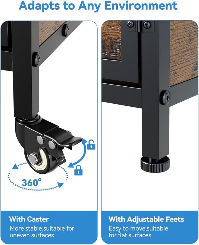 Petrova 40" Dog Crate Furniture with LED Light & 2 Storage Drawers, Heavy Duty Indoor Dog Kennel for Medium/Small Dogs, Wooden Dog Cage with Power Outlets, Charging Station, Lockable Wheels, Brown