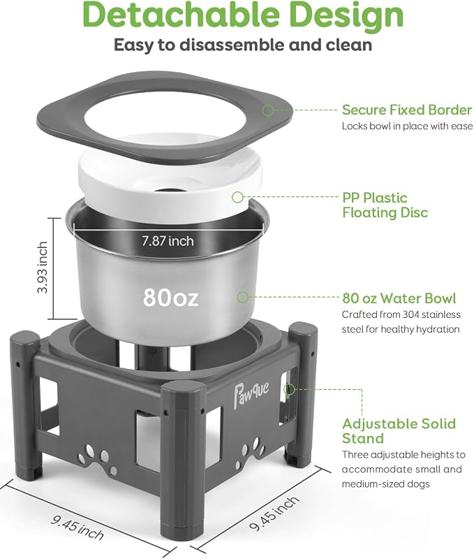 Pawque 80oz Stainless Steel Elevated Dog Water Bowls with Adjustable Stand | 3 Heights (6.1", 7.7", 9.3"), Raised Slow Floating Disc Bowls for Medium and Small Dogs, Non Slip Rubber & No-Spill
