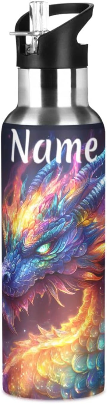 Custom Name Colorful Rainbow Dragon Water Bottle with Straw Lid Kids Insulated Stainless Steel Water Flask Sports, 20 Oz Hot Cold
