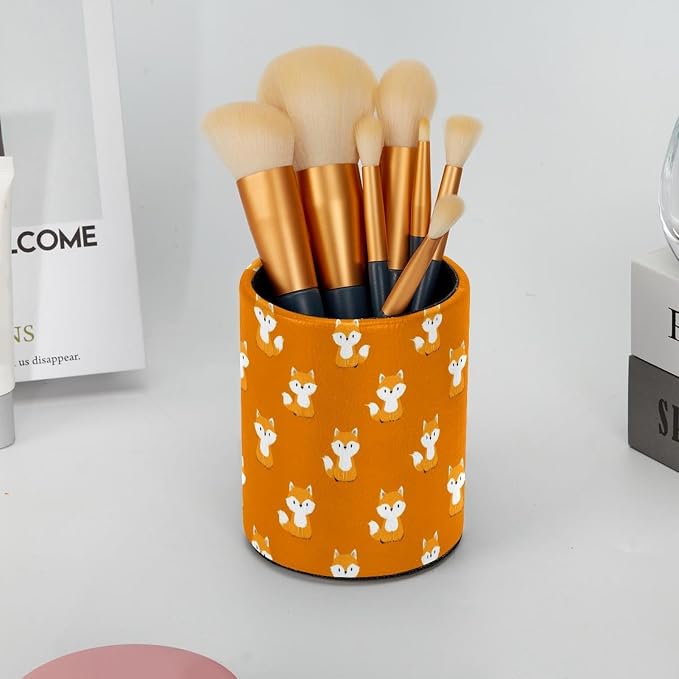 Faux Leather Pen Holder for Desk, Pencil Organizer Cartoon Little Fox Pen Cup Desk Decor Makeup Brush Holder Storage for Office Home