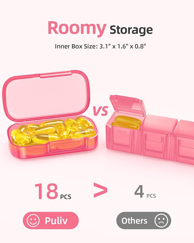 PULIV Weekly Pill Organizer with Large Capacity, Dual Protection (Pink) | Pill Box 7 Day, Arthritis Friendly Pill Case Easy to Open, Medicine Organizer for Vitamins, Medication, Fish Oils, Supplement