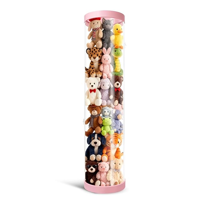 Stuffed Animal Storage Tube, Dust-Resistant 47x11 Inches Large Capacity Toy Storage Organizer with Zipper, Easy Assembly & Space Saving for Plush Toys, Playrooms Living Rooms Bedrooms Pink