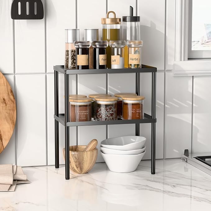 Cabinet Organizer Shelf, 2 Tier Kitchen Cabinet Organizer with Stackable Cabinet Shelves for Kitchen Countertop Storage, Metal Kitchen Shelf Organizer for Spice, Pantry & Under Sink