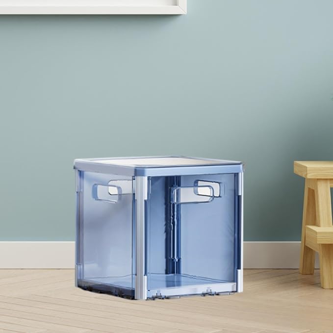 Foldable Storage Box Stackable Organizer Bin Container with Lid and Handles Portable Lightweight Dustproof PET Suitable for Clothing Bedding Books, Blue