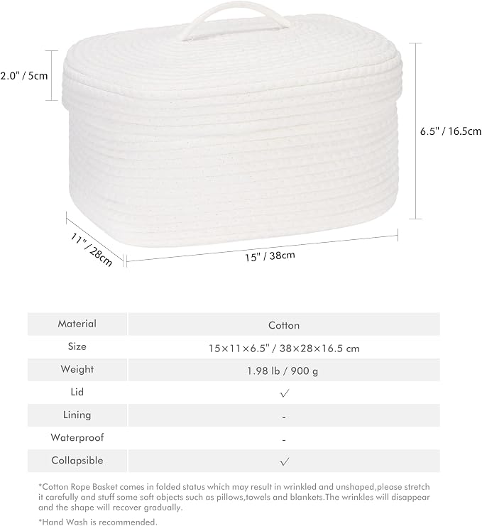 Sea Team Oval Storage Basket, Woven Cotton Rope Basket with Lid, White | Decorative Knitted Storage Bin, Multi-Purpose Lidded Organizer for Closet Shelves, Nursery and Household Storage