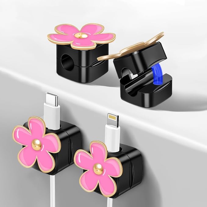 Magnetic Cord Organizer, Easy Secure Adhesive Cable Management, Wire Holder Organizer, Hide Or Organize Phone USB Charger Cable Clips for Home,Office,Car,Desk,Nightstand (Pink Flower-4 Pack)