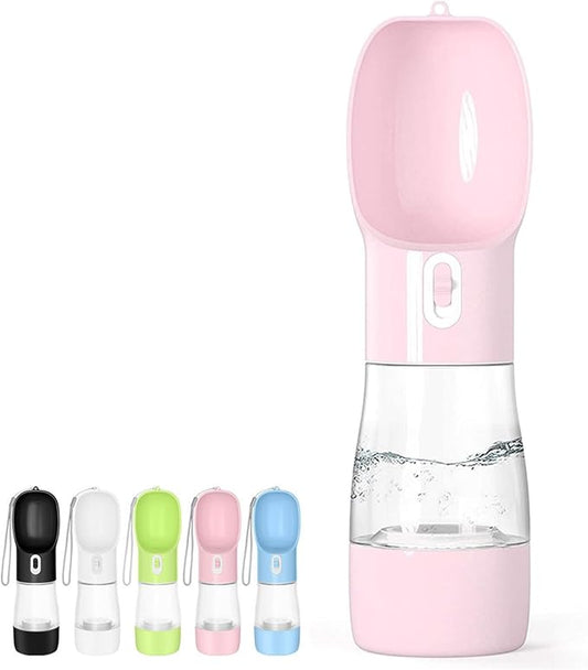 Portable Dog Water Bottle - Leak Proof Dog Water Dispenser with Bowl & Food Container, Dishwasher Safe Food Grade Plastic for Pet Puppy Outdoor Walking Hiking Travel Pink