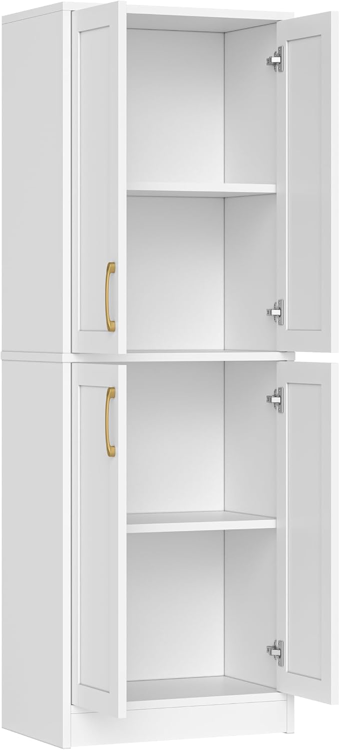 Pantry - Kitchen Pantry Cabinet with 4 Doors and Adjustable Shelves, Tall Black Cabinet Freestanding Storage Cupboard for Dining Room Living Room, Laundry, Bathroom (White)