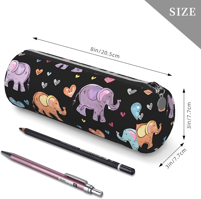 OSAM SPACE Leather Pencil Case Round Pencil Bag Cute Elephants Pen Organizer Holder Portable Zipper Pouch Cute School Supplies for Girls Boys Study Office