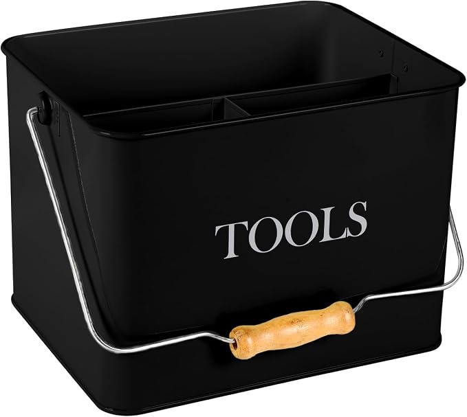 Garden Tool Organizer - Metal Caddy With 3 Compartments, Portable Basket With Handle, Kit Holder Empty, Storage for Indoor and Outdoor Use - Black
