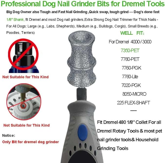 Stress-Free Diamond Dog Nail Grinder Bit Attachment for Dremel - Refill Tips & Replacement Heads Fit Dremel 7760 & 7350, for Small to Large Pet Dogs/Cats, Thick Nail Grooming, 2-Pack