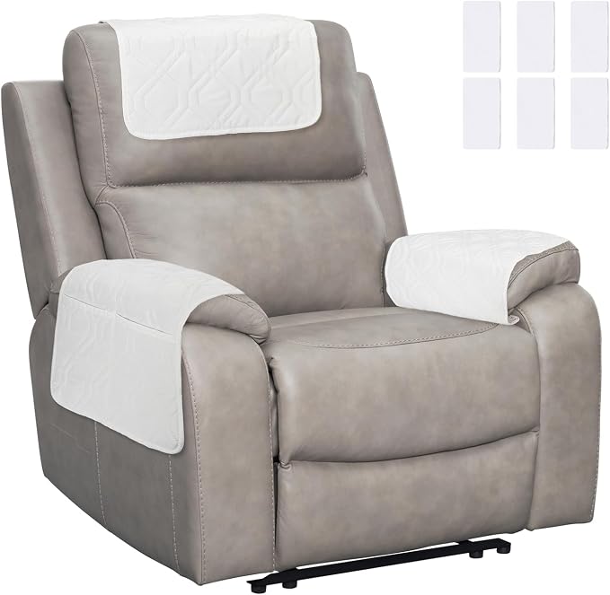 uxcell 3Pcs Sofa Armrest Covers, Armchair Covers with Side Storage Pocket Waterproof Recliner Chair Protector Anti-Slip Couch Arm Headrest Protect for Home Living Room, Pure White