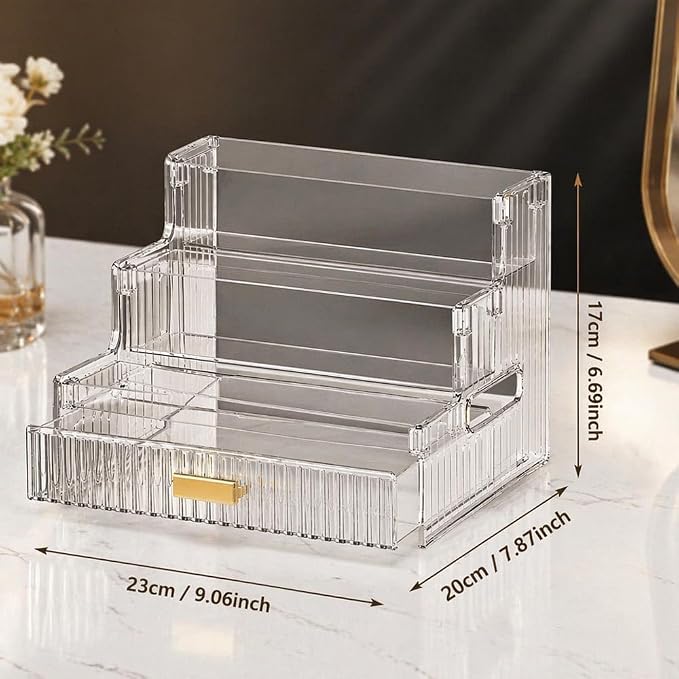 Laaimerisa Clear Acrylic Makeup Organizer with Drawer, 3-Tier Countertop | Skincare & Perfume Storage, Vanity & Desk Use, Gold-Tone Handle, 23 x 20 x 17 cm, Multi-Compartment