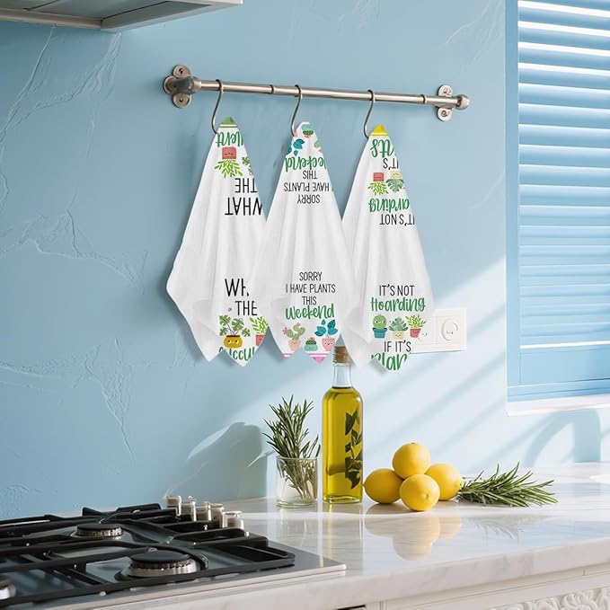 3 Pcs Funny Kitchen Towels, Plant Lover Gifts for Women Gardener Mom, Succulent Cactus Plant Gifts Dish Towel, Leaves Waffle Weave Hand Tea Towels for Kitchen Home Farmhouse Decor-24x14 Inch