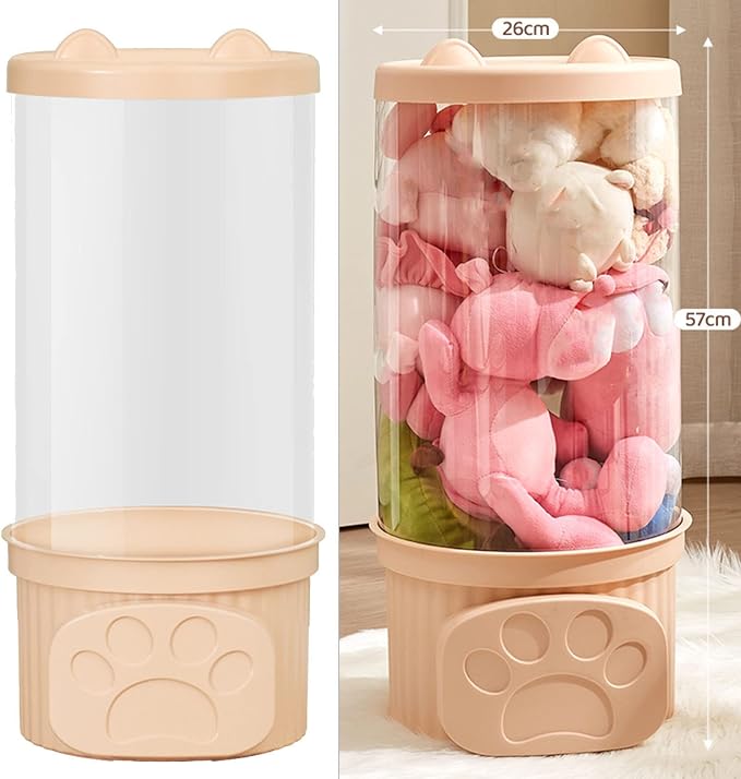 Derefine Toy Storage Container, PET Transparent Cylinder Plush Toy Display Bucket with PP Lid, Multifunctional Sturdy Durable Storage Organizer for Home Organization(Pink)