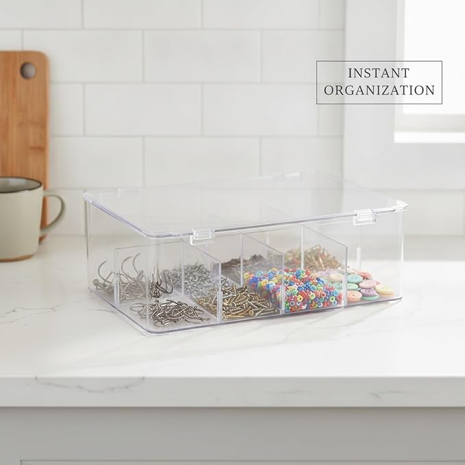 10.75 x 7.68 x 3.74 Inch Clear Storage Box with Removable Dividers, Medium PET Organizer Bin for Tackle and Craft Supplies (1 Pack)