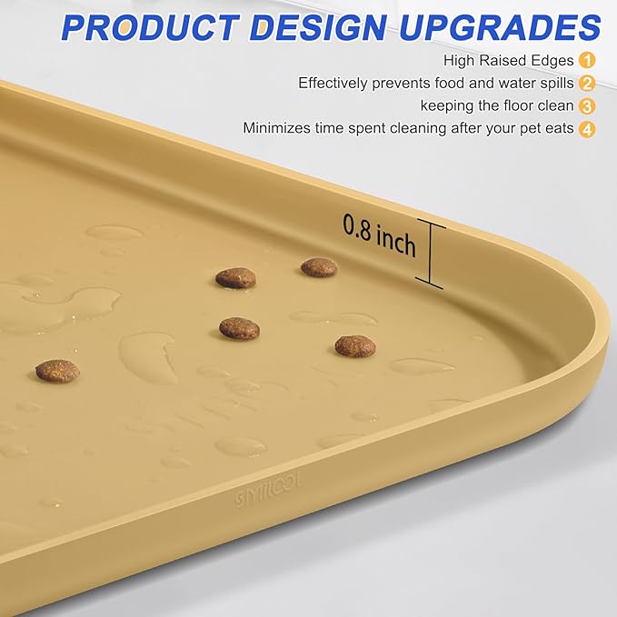 SMILOOL Silicone Pet Feeding Mat with Raised Edge for Food and Water, Dog Bowl Mats, Cat Bowls Placemat with High Lip for Floor Waterproof, Rubber Tray for Cats and Dogs 24 x 16 x0.8 Dark Beige