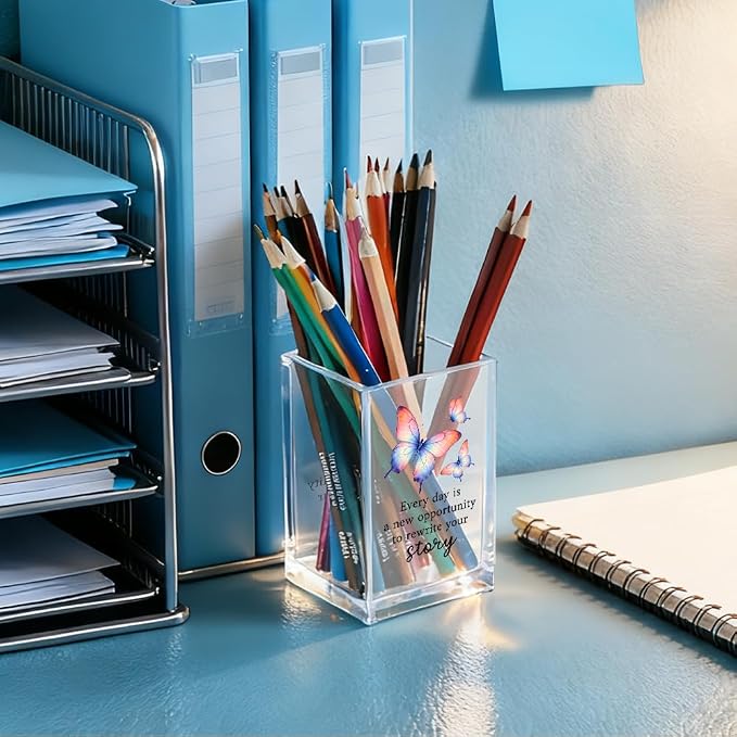 Every Day Is A New Opportunity To Rewrite Acrylic Pencil Holder Cup | Funny Butterfly Pen Holder Gifts For Women Girls Sister, Inspirational Gifts for Friends, New Job Gag Gift for Coworker