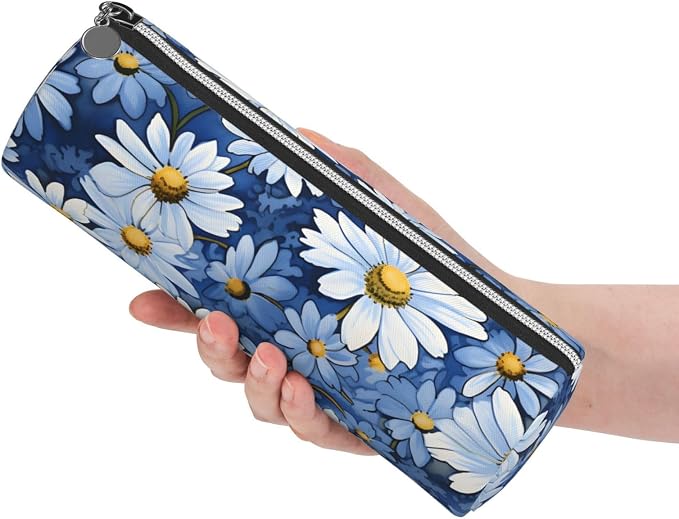 OSAM SPACE Leather Pencil Case Round Pencil Bag Daisy Blue Pen Organizer Holder Portable Zipper Pouch Cute School Supplies for Girls Boys Study Office