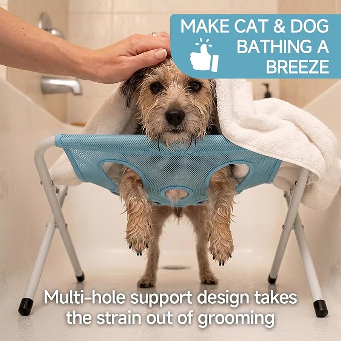 Foldable Pet Bathing Stand, Portable Dog Shower Grooming Rack, Pink | 44 LBS Weight Capacity Pet Grooming Hammock with Stand for Daliy Care,