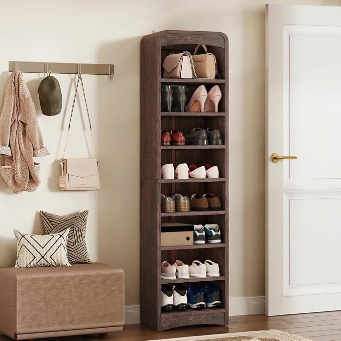 67.6” Tall Shoe Cabinet 8-Tier with Adjustable Shelves, Espresso | Freestanding Shoes Organizer Cabinet for Entryway, Hallway, Living Room