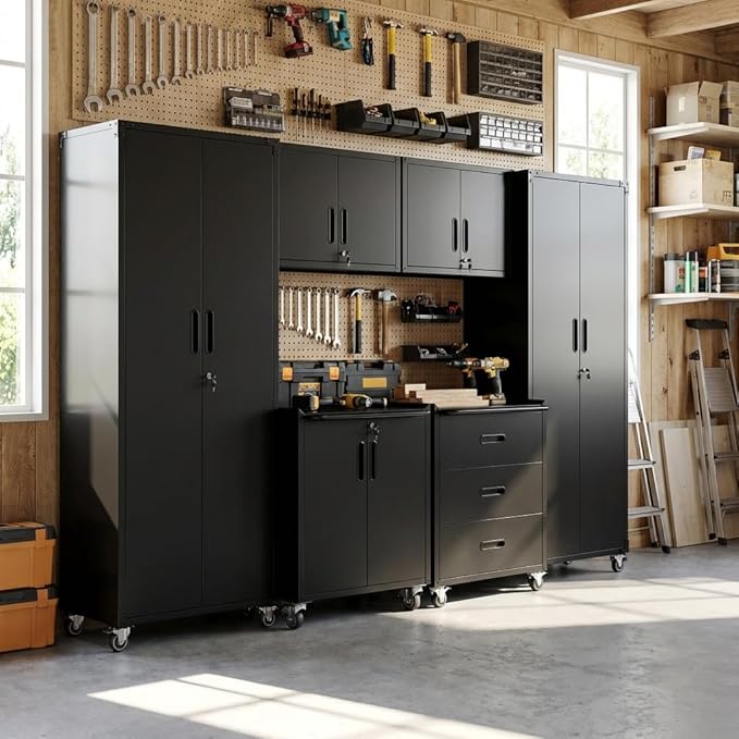Garage Cabinet System | Heavy Duty Steel All-in-One Modular Garage Cabinet Set for Ultimate Workshop Organization | Easy Assembly Garage Storage Cabinets & Tool Bench