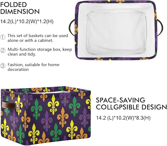 Mardi Gras Fleur de Lis Purple Storage Basket Fabric Laundry Baskets Mask Beads Confetti Feather Accessories Storage Boxes Organizer Bag for Cloth Toy Book Storage Cubes Shelf Closet Bins 16×12×8
