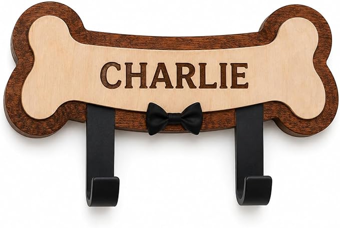 Personalized Dog Leash Holder for Wall, Custom Pet Name Bone Wall Hook with Double Metal Hooks, Wooden Dog Leash Organizer for Collar, Harness & Keys, Pet Lover Gift for Dog Owners