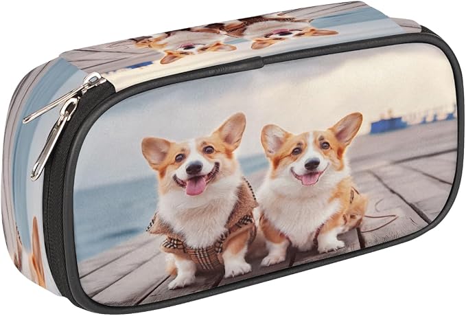 Two Cute Corgi Dogs Beach Pet Pencil Case Pouch, Big Capacity Waterproof Pen Bag for Students Teens Adults, Large Storage Organizer for Stationery