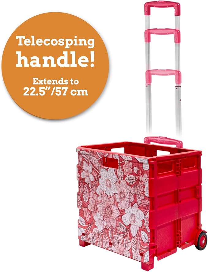Inspired Living Ultra-Slim Rolling Collapsible Storage Pack-N-Roll Utility-carts, with Telescopic Handle, for Home, Garden, Shopping, Office, School use, Large, Red, White Flower Print