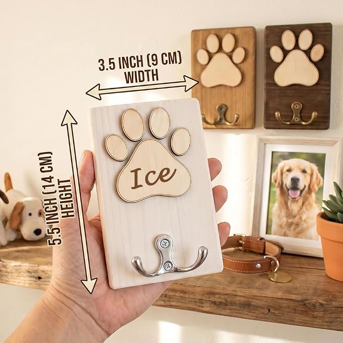 Personalized Wooden Paw Print Pet Leash Holder with Custom Name Engraving – 5 Color Options, Wall-Mounted Dog Collar & Leash Organizer for Entryway, Mudroom or Pet Lover’s Gift