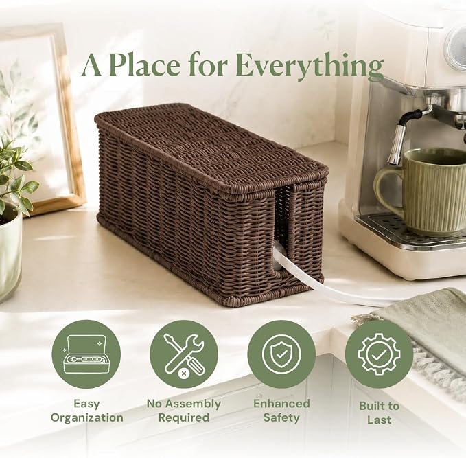 Cable Management Box, Handmade Rattan Cord Organizer for Power Strip | Open Slots Cord Hider for Power Strip, Router & USB Hub, Registered U.S. Design Patent