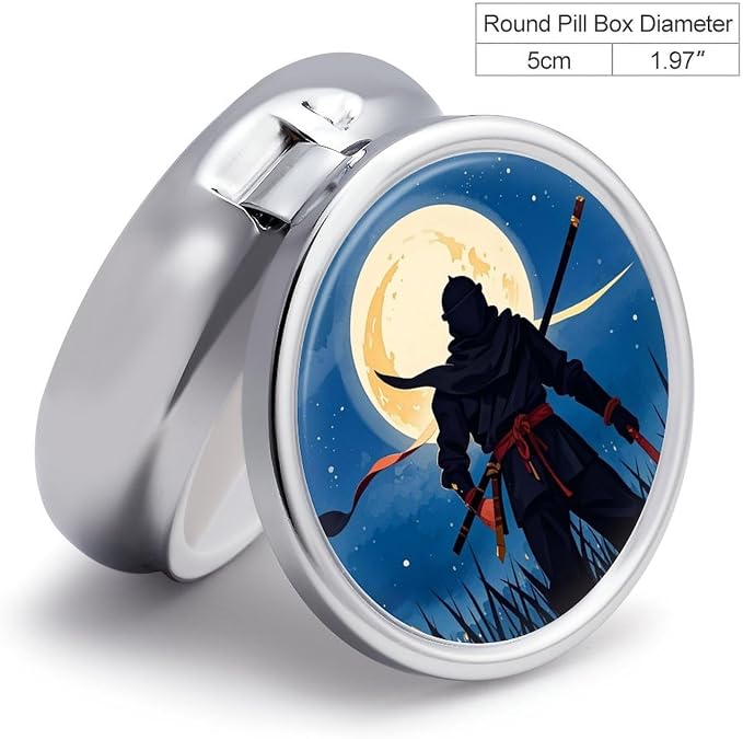 3 Compartment Medicine Pill Case, Moonlight Watercolor Style Ninja Round Pill Box, Portable Decorative Medicine Organizer for Pocket Or Purse Vitamin Organize
