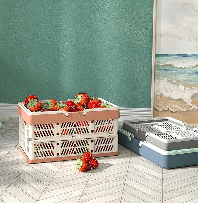 Domiella 2-Pack Foldable Storage Baskets, 20L Collapsible Crates PP Pink | Comfortable carry handles, space-saving design, sturdy PP construction for home storage shopping camping and picnics