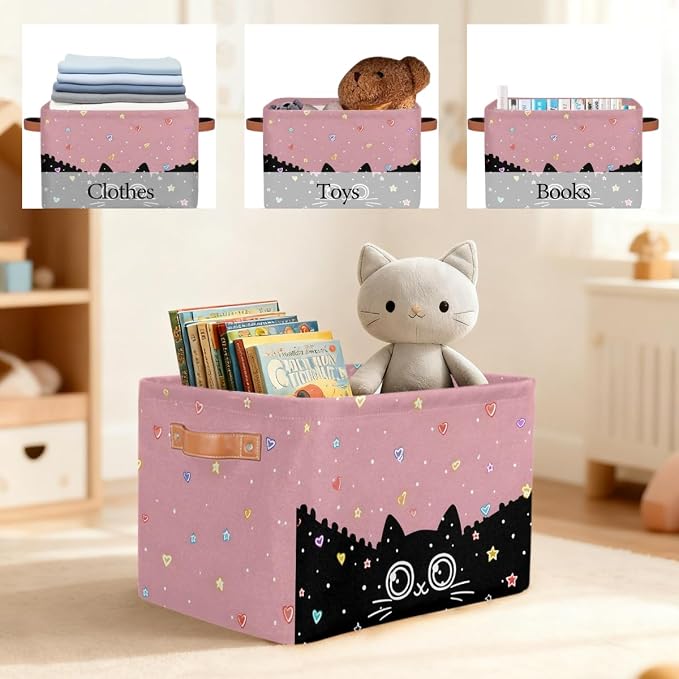 Pardick Storage Baskets Bin, Cute Cat Black Collapsible Canvas Fabric Storage Bin Decorative Baskets Toy Organizer Rectangle Storage Boxes with handles for Home Shelves Nursery,Q-10