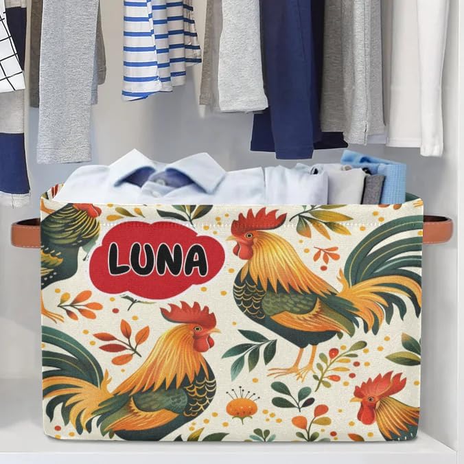 Custom Storage Baskets for Kids Name, Large Foldable Organizer Collapsible Storage Bin with Leather Handle for Home Toys Closet Nursery, Farmhouse Cock Rooster