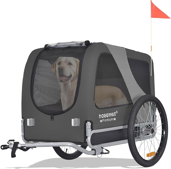 DOGGYHUT® Premium Large Pet Bike Trailer, Up to 77 lbs (Gray) | Bicycle Trailer for Small Medium or Large Dogs, Dog Bicycle Carrier, Low Center of Gravity, Folding Frame Cart