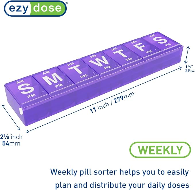 EZY DOSE Weekly (7-Day) AM/PM Pill Planner, Medicine Case, Vitamin Organizer Box, 3X-Large Locking Compartments to Secure Prescription Medication, Prevent Accidental Spilling, Color May Vary, BPA Free