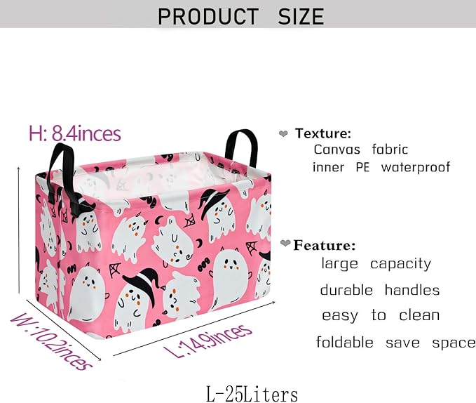 Halloween Pink Ghost Storage Basket Gift Shelf Basket Storage Bin, Toys Nursery Basket Organizer Box for With Handles for Room Deco