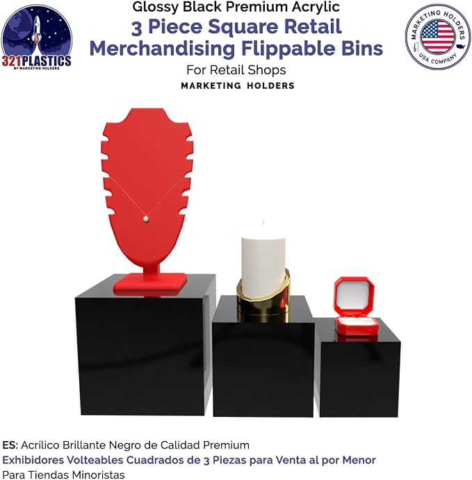 4 Pack Acrylic Display Riser Boxes 3 Piece No Lid Black Retail Product Riser 4", 5", 6" High Multi Level One Open Side Merchandise Storage Box POP Showcase by Marketing Holders