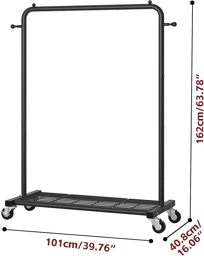 Sywhitta Metal Clothing Rack on Wheels with Mesh Shelf, for Clothes,Black | Rolling Garment Rack for Hanging Clothes, Coats, Skirts, 39.76" L x 16" W x 63.78" H,Space-Saving Mobile Organizer for Closet
