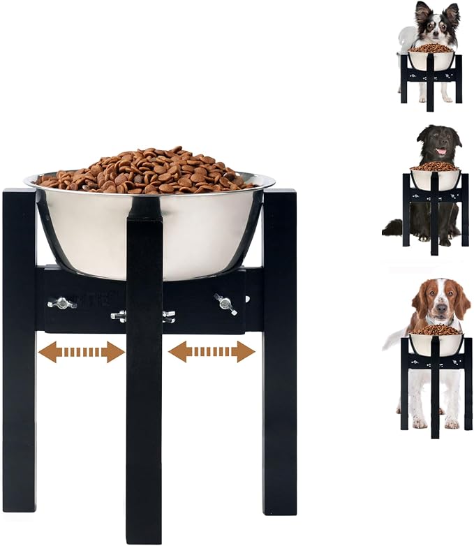 Elevated Dog Bowl Stand Adjustable Dog Food Holder 10”H Medium Black | 10” Elevated Dog Bowl Stand, Medium Dogs, Adjustable, Fits 7”-10” Bowls, Single Bowl Holder, Natural Bamboo, Classic Black