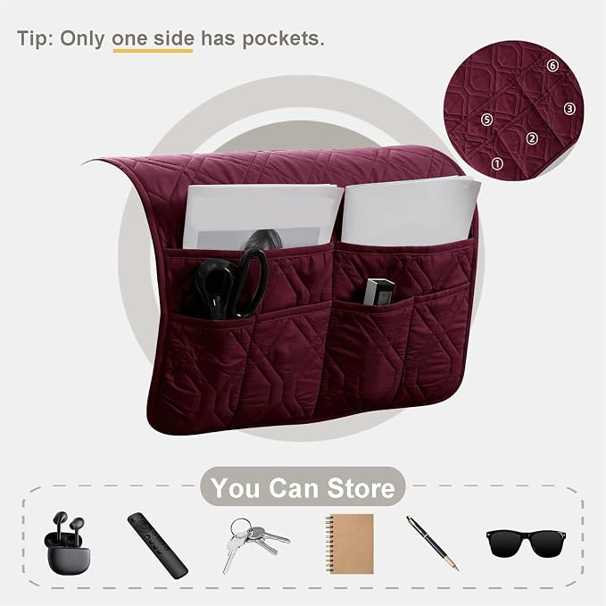 Waterproof Armrest Chair Covers with 6 Side Pocket 1 2 3 Seater Anti-Slip Chair Headrest Cover Armchair Slipcover Washable Protector for Pets Leather Sofa Couch (Wine Red,2 Seater 4PCS)