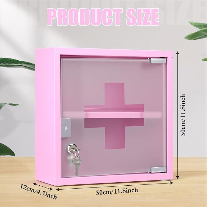 Timgle First Aid Wall Cabinet with Lock Medicine Wall Mounted Bathroom Storage Hanging Medical Cabinet with Safety Glass Door for Bathroom (2 Shelves,Pink)