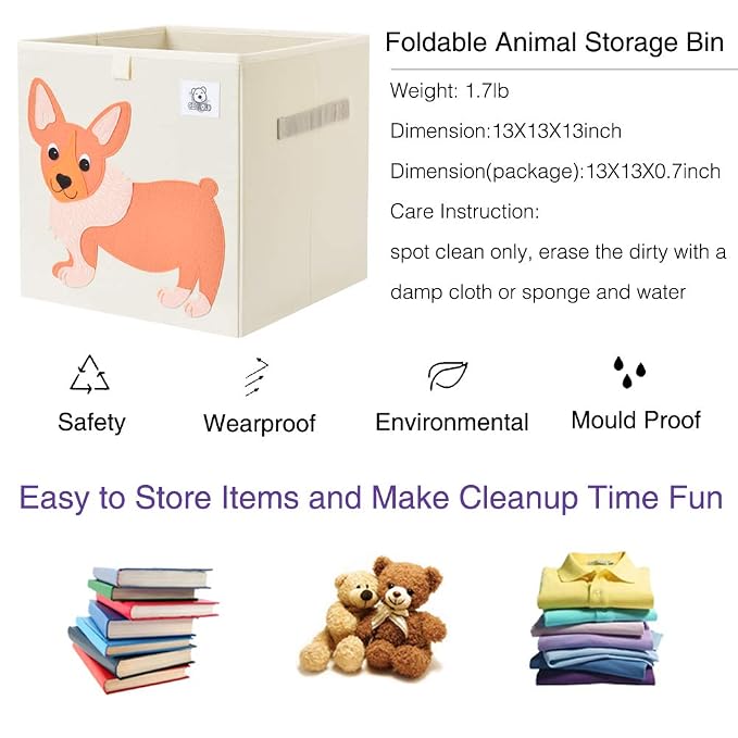 13 Inch Animal Cube Storage Bins, Foldable Fabric Kids Toy Box & Toy Chest | Kids Storage Cubes, Toy Storage Organizer Basket for Toddlers, Boys and Girls, Playroom and Nursery (Dog)