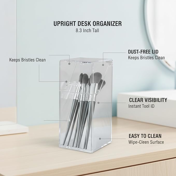 1 Pack Clear Storage Cup with Lid, Upright Desk Organizer for Pens and Tools, 8.3 Inch Tall