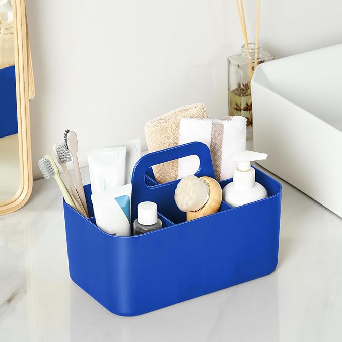Multiuse Caddy Organizer with Handle, Portable Plastic Tote Bin - Art Craft, Stationary Pen Marker Crayons, Makeup Hair Supplies Storage - Bathroom, Classroom, Dorm, Office, Desk Holder - Dark Blue